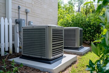 Two residential air conditioning units outside a house, surrounded by greenery and a fence