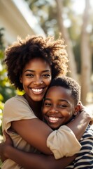 Fototapeta premium Joyful mother and son share a warm embrace outdoors.