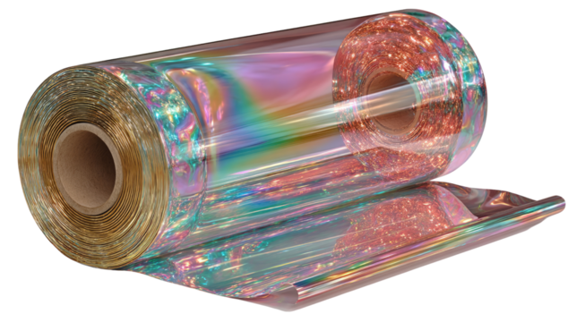 Holographic Film Roll: A close-up studio shot showcases a pristine roll of iridescent holographic film, its shimmering surface creating captivating visual interest.