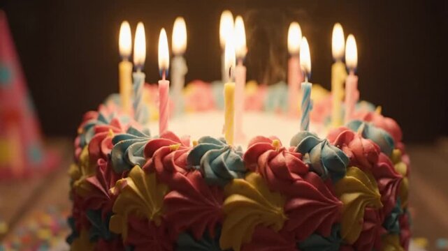 QHD Celebration Scene With Colorful Birthday Cake and Candlelight