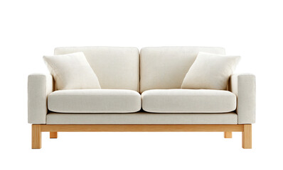 Modern living room sofa, light-colored fabric with wooden legs, perfect for cozy lounging in stylish interiors, copy-space available. Isolated on white background or PNG