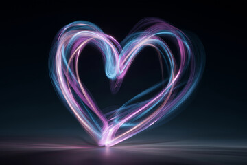 Neon glowing heart shape made of light trails on dark background. Digital romantic concept