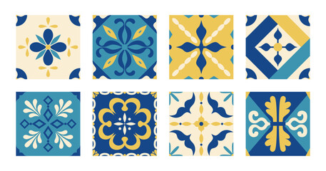Mediterranean ornate pattern with blue and yellow tiles. Abstract Italian, Greek, Spanish, Portuguese, Turkish background. Interior design. Mosaic. Arabic geometry. Amalfi coast. Vector.
