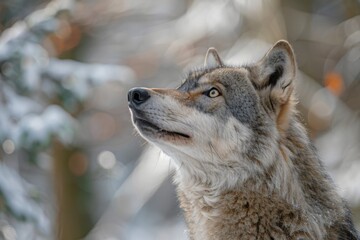 Naklejka premium Grey Wolf (Canis lupus) Between Trees Looks Up and to Right Winter