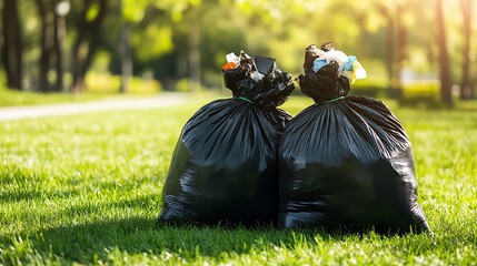 Two tied black garbage bags sitting on green grass in a sunny park setting