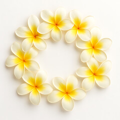 Fototapeta premium Plumeria flower wreath arranged in a circular pattern with soft yellow and white petals on white background