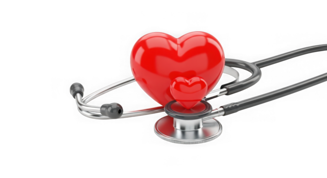 A stethoscope with a red heart symbol  isolated on transparent background