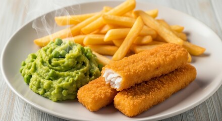 Fish fingers, mashed peas and chips fries. Traditional British fast food.