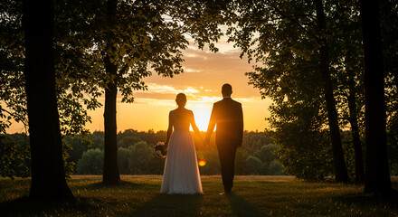Silhouette of a couple walking away at sunset through trees