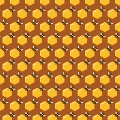 Honeycomb and bees in the pattern.Vector seamless pattern with bees and honeycombs on a colored background.