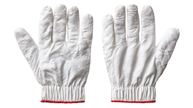 Pair of Protective White Work Gloves: A detailed shot showcases two pristine white work gloves laid out in an expansive view, highlighting their construction, stitching.