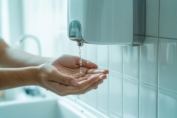 Person using a wall-mounted automatic soap dispenser for hand hygiene