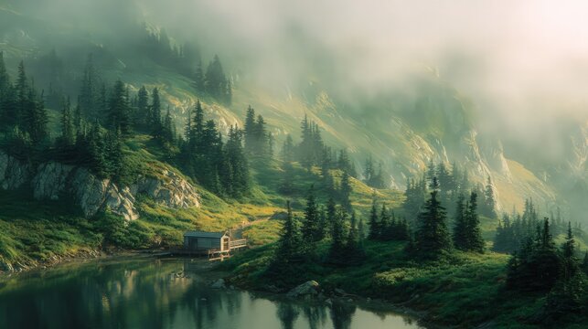 Misty Mountain Landscape With Cabin And Lake