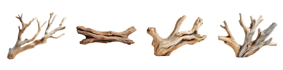 Fototapeta premium Driftwood Collection: Natural Wood Pieces on White Background