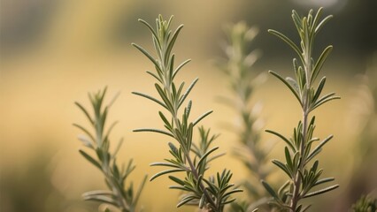 Several green rosemary sprigs are placed in front of a warm - yellow background, clearly showing their slender needle - shaped leaves. The picture is fresh and warm.