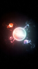 Naklejka premium Abstract cosmic nebula with glowing planets and swirling colorful gas clouds in deep space