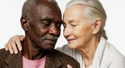 Senior couple embracing with tenderness and affection.