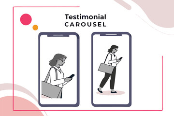 Illustrative depiction of a testimonial carousel featuring two women interacting with their smartphones showcasing user engagement and feedback