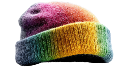 Rainbow Knit Beanie: A vibrant, multi-colored knit beanie presents a spectrum of colors from every angle, combining comfort and style.