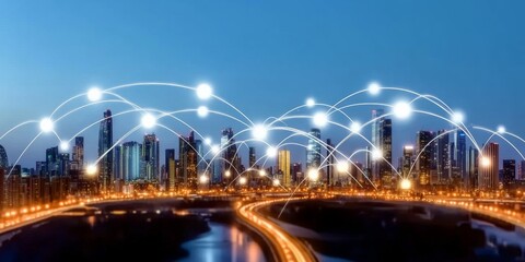 Obraz premium Futuristic Connected City Skyline with Vibrant Communication Networks Illuminating Twilight Scene
