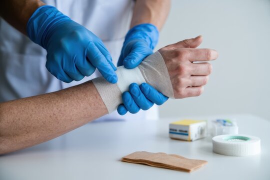 Nurse applying a bandage to a patient's wrist - Powered by Adobe