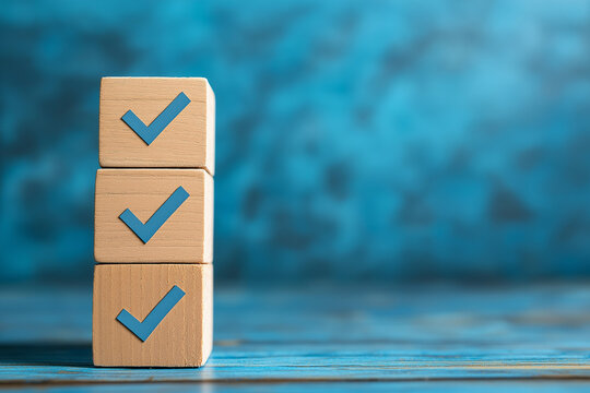 Checklist concept. Correct sign tick check mark on wooden block with copy space for the checklist on blue background. Business survey questionnaire, Exam test process