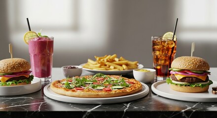Delicious Fast Food Combo: Pizza, Burgers, Fries, and Drinks