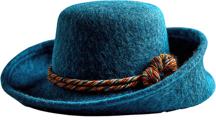 Teal Hat: A close-up shot of a stylish, teal hat, made of a felt material, adorned with a woven rope-like band, exuding sophistication and timelessness.