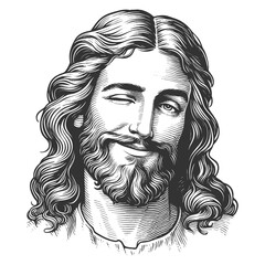 Jesus Christ with a crown of thorns, smiling and winking playfully, surrounded by a radiant halo sketch engraving fictional character vector illustration. Scratch board. Black and white.