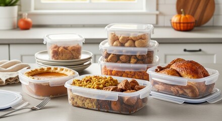 Plastic containers storing thanksgiving leftovers on kitchen counter