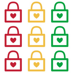A seamless pattern of red, yellow, and green padlock icons with hearts inside, symbolizing love, security, privacy, protection, and commitment. Ideal for Valentine's Day designs.