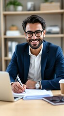 Fototapeta premium Smiling Professional Man Working at Desk with Laptop
