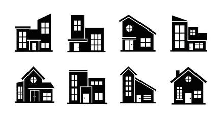 Eight black and white house icons in a row, showcasing different architectural styles and designs.