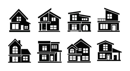 Fototapeta premium Collection of eight diverse house silhouettes, showcasing various architectural styles and designs.