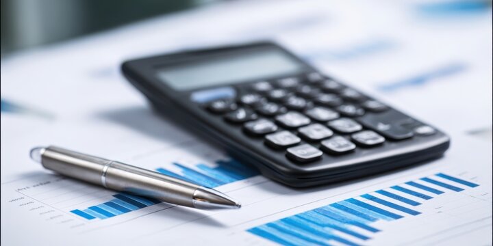 The calculator and pen on financial analysis documents for business planning