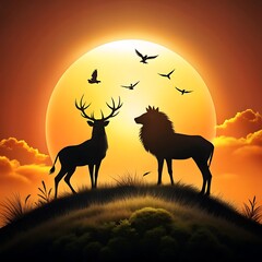 Deer and lion silhouettes stand on a hill during a vibrant sunset