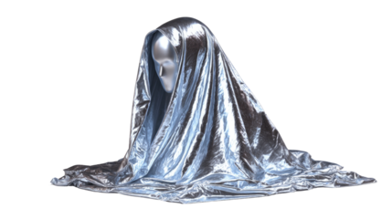 Silver Serenity: A reflective figure draped in shimmering silver fabric, exuding a sense of quietude and contemplation, capturing the essence of mystery and allure.