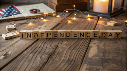 Obraz premium Independence day spelled out with blocks on a wooden surface with flag and lights around it
