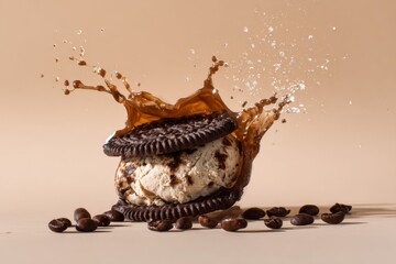 Coffee ice cream sandwich with chocolate cookies and coffee splash