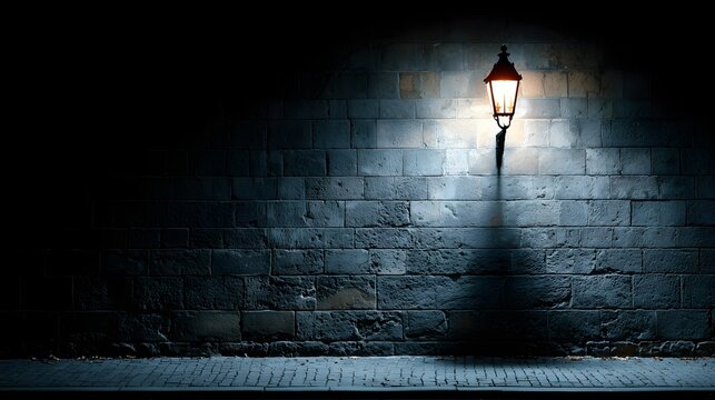 Illuminated street lamp casts shadow on brick wall in dark outdoor setting.