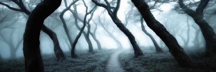 Naklejka premium Enigmatic and Spooky Misty Forest Trail A Mysterious Path Through Gnarled Trees and Foggy Woodland