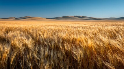 Wide angle shot of vast golden wheat field gently swaying breeze bright clear blue sky overhead background features soft natural lighting casts long shadows across field bringing out textures of grain