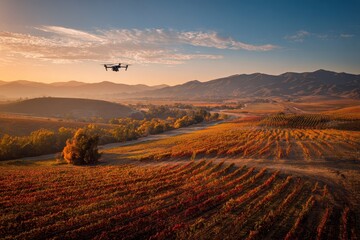 Drone flies over vineyard rows at dusk. Scenic hills with valley for travel