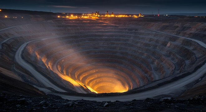 Nightfall at the Mirny Diamond Mine: A Glowing Crater