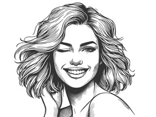 smiling pin-up style woman with classic hrstyle, winking and posing with a playful expression sketch engraving fictional character vector. Scratch board. Black and white image.