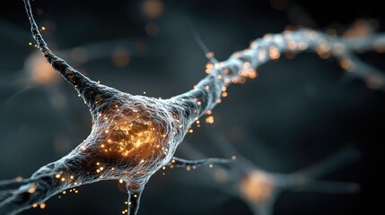 Brainstorm neuron with glowing digital mesh, neural network science concept for AI, medical, and tech innovation background ads