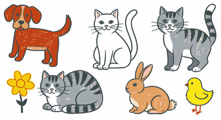 Assorted cartoon animals including dog, cats, rabbit, flower, and chick  