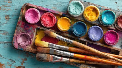 Bright art class daylight scene with vibrant paint palette and supplies, creative school activity concept for kids, design ads