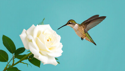 Fototapeta premium Hummingbird in flight approaching white rose flower with green leaves on teal background, capturing delicate nature and vibrant colors in clean composition
