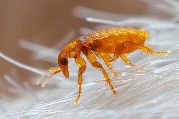 Dog flea (Ctenocephalides canis) on white fur. Microscopic photo